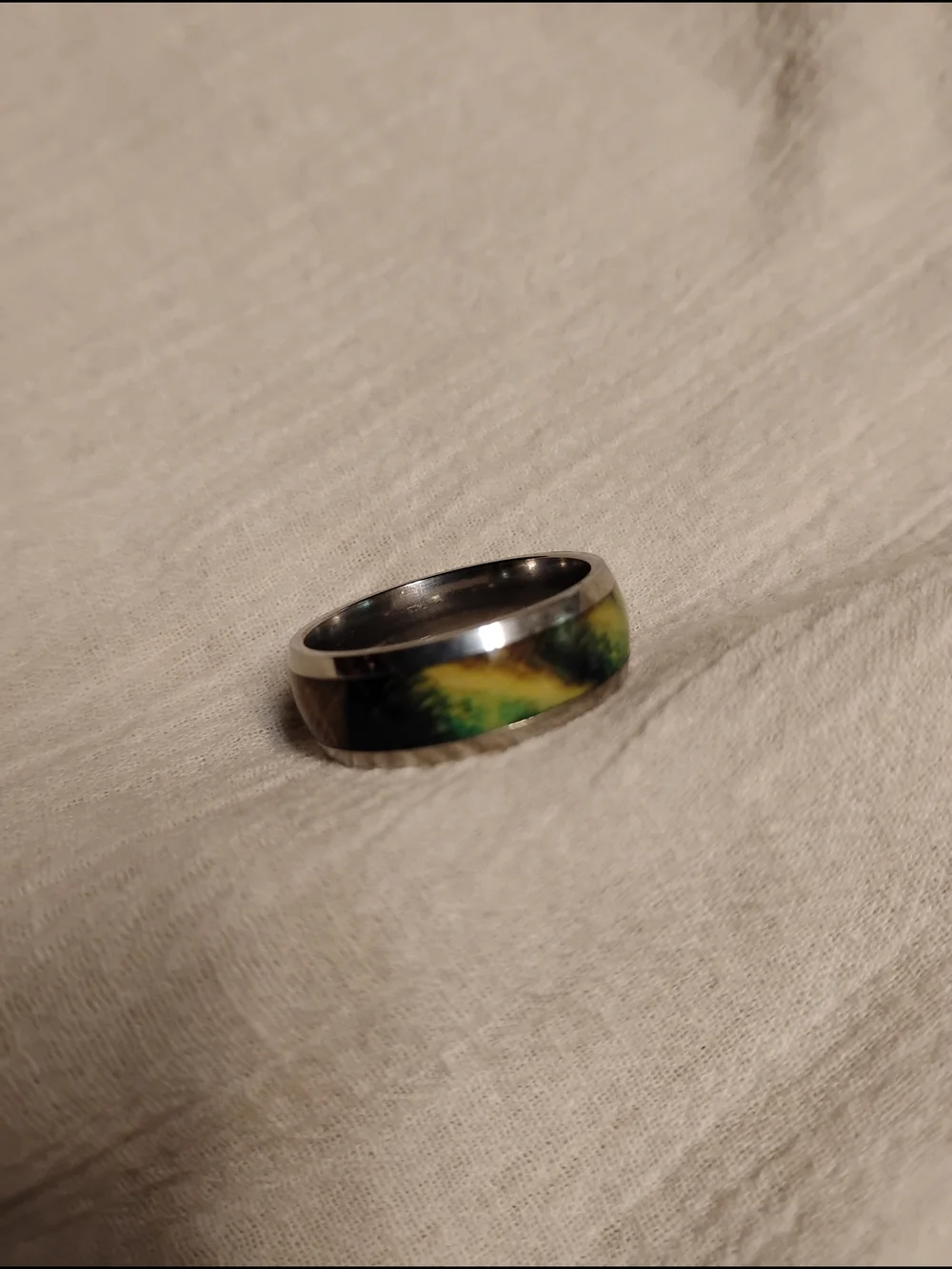 Men's Stainless Steel Ring with Green, Brown and Yellow Wood Inlay